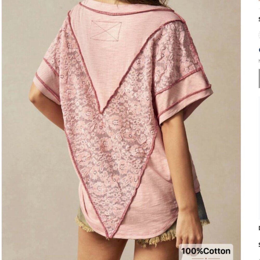 Pink Mauve Lace Accent Tee Small High Low Hem Boho Cotton Top Lightweight
